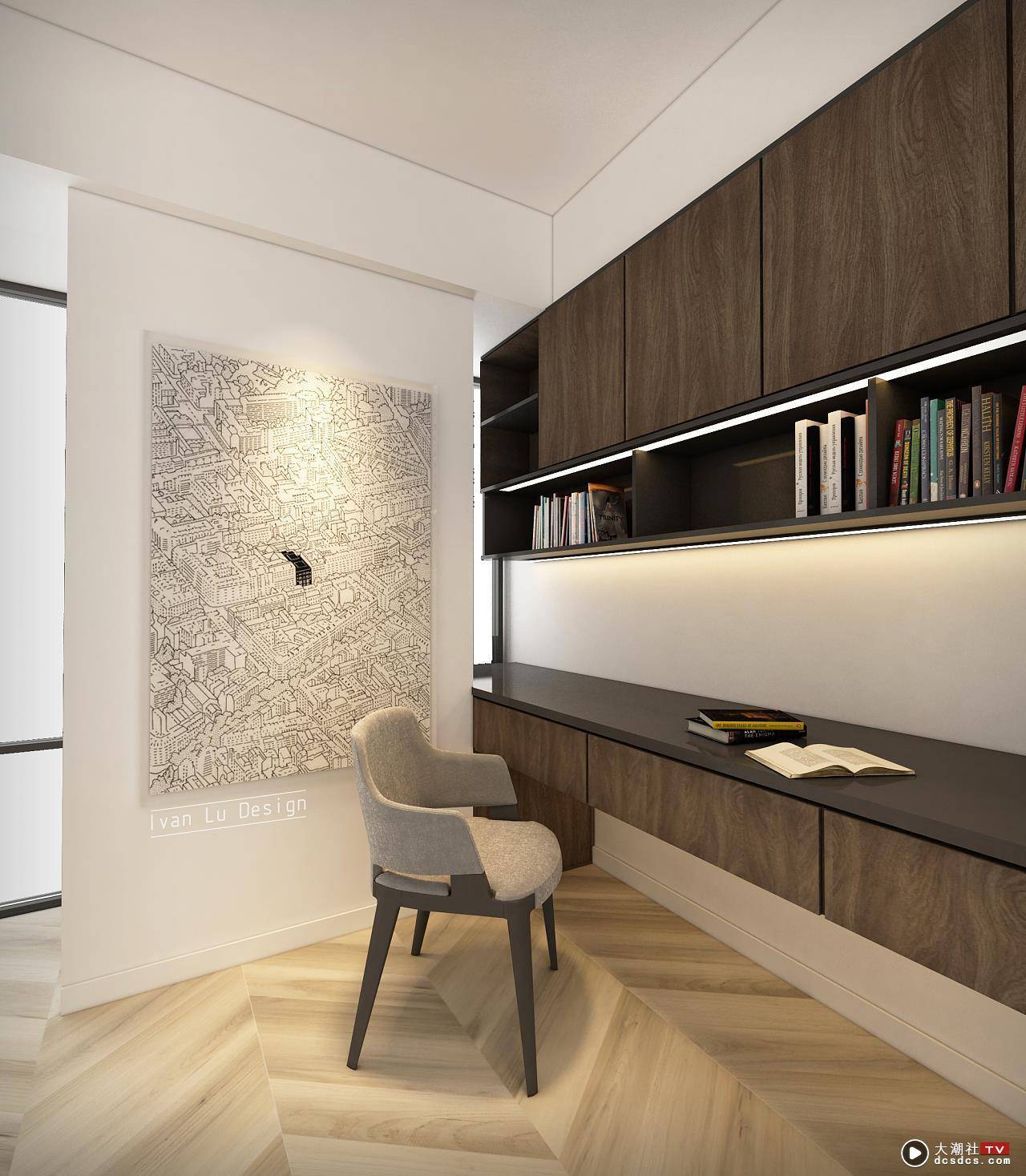 书房长案为空间主人提供舒适的工作环境，挂画墙面也与走廊形成艺术对景。